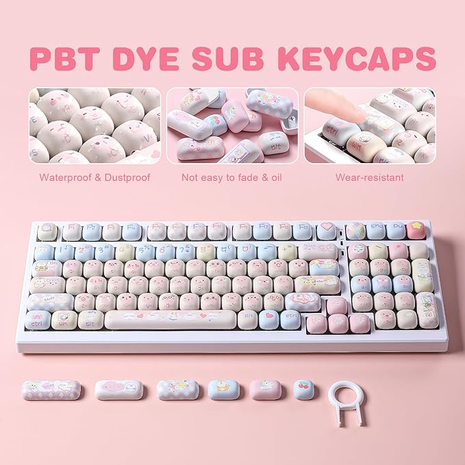YUNZII Cute Pink Kitten Custom Keycaps 141 Keys Dye Sub PBT MOG Profile Keycap Set for Mechanical Gaming Keyboards (Pink Kitten)