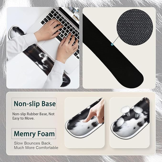Large Mouse Pad Ergonomic Mouse Pad with Wrist Rest and Keyboard Wrist Rest 4 in 1 Set 31.5 x11.8 inch Extended Desk Pad for Home Office Cute Funy Faux Black Brown Cowhide Fur XXL Gaming Mouse Mat