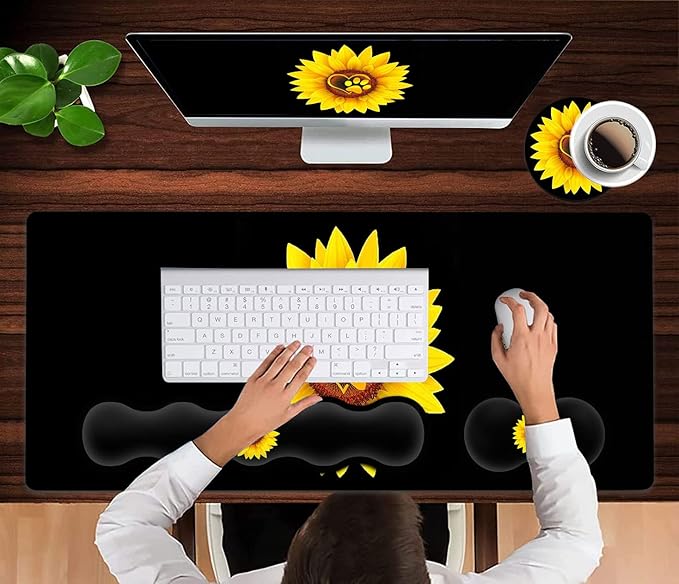 Gaming Mouse Pad Set Large Mouse Pad and Ergonomic Memory Foam Keyboard Wrist Rest Support Easy Typing Pain Relief Writing Mat Extended Office Desk Mat Sunflower Dog Paw Print Black Mouse Pad