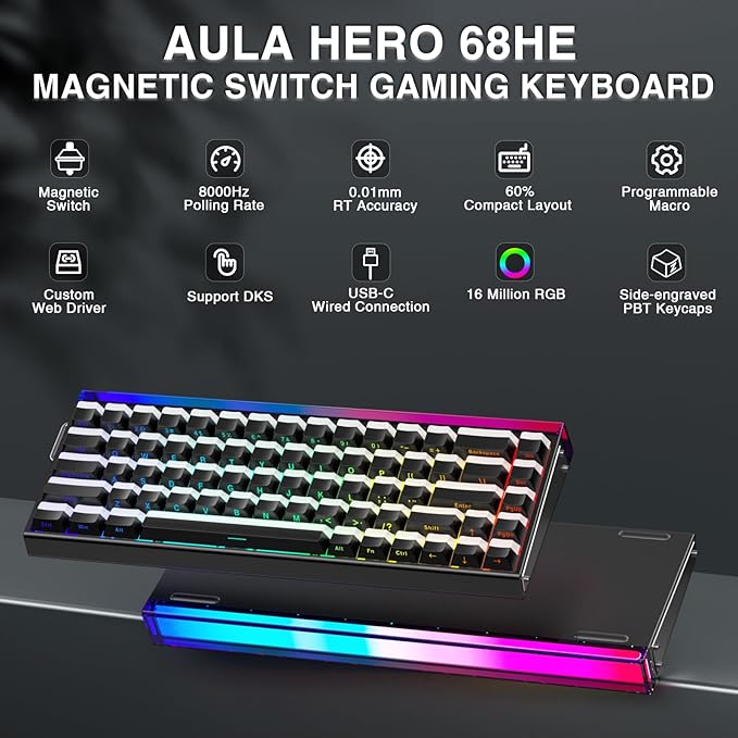 AULA Hero 68 HE 60% Gaming Keyboard Wired Hall Effect Magnetic Switch Keyboard with 8K Hz Polling Rate Side Printed PBT Keycaps RGB Backlit Light Box Customizable Web Software for PC/Mac Gamers