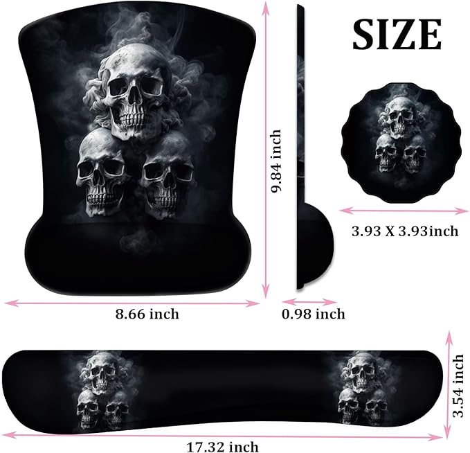 Mouse Wrist Rest and Keyboard Wrist Rest Pad+ Coaster Set Non-Slip Rubber Base Smooth Surface Ergonomic Gaming Mouse Pad for Easy Typing and Pain Relief Smoke Skull