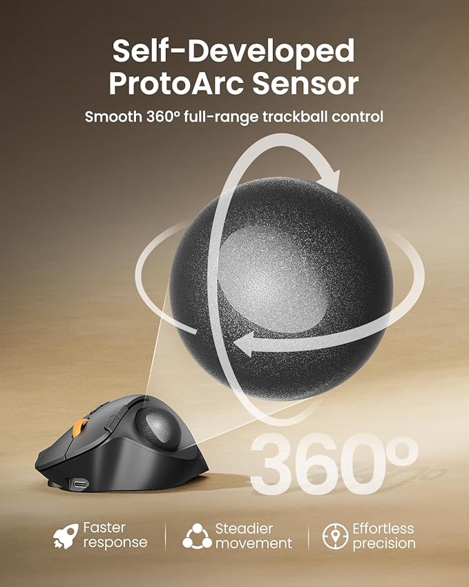 ProtoArc Wireless Bluetooth Trackball Mouse EM02 Two Adjustable Angle Ergonomic Rechargeable Computer Ball Mouse 3 Device Connection Thumb Control and Smooth Tracking for Laptop PC Mac-Gray
