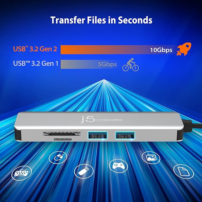 j5create USB-C 5-Port Gen2 Multi-Adapter with 4K HDMI 2 USB-A 10Gbps SD/microSD for Surface Pro 8/9 MacBook Air/Pro Dell XPS HP laptops and More (JCD372S)