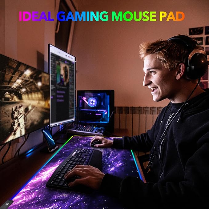 AIMSA RGB Mouse Pad LED Gaming Mouse Pad with 14 Lights Modes Non-Slip Rubber Base Computer Carpet Desk Mat for PC Laptop (35.4 x 15.8 inch) Purple Blue Nebula