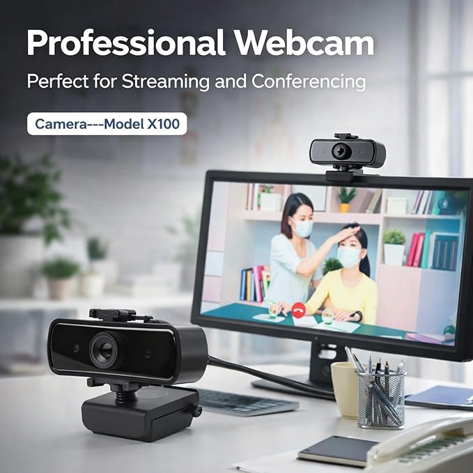 USB Computer Camera with 2K HD Video Built - in Microphone Lens Protection Cover Automatic Focus - Noise Reduction Wide Angle View Plug and Play for PC and Laptop