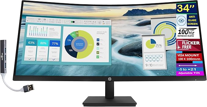 HP P34hc g4 34 WQHD Curved Monitor with 5ms Response Time Anti-Glare Flicker Free 250 nits Brightness VESA Mount (100mm) Displayport HDMI &amp Dockztorm USB Port Expander Black Color