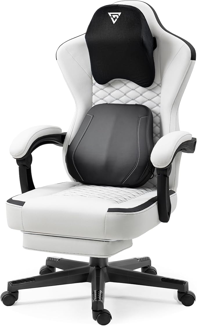 Cute Gaming Chair with Cat Paw Lumbar Cushion and Cat Ears Kawaii Pink Computer Chair with Footrest Ergonomic PC Video Anime Gaming Chairs Recliner for Kids Girls Teens (White)