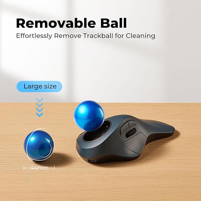 Wireless Trackball Mouse for Large Hands Ergonomic Index Finger Control Rechargeable Bluetooth/USB Mouse with Precise Smooth Tracking Multi-Device Connection for Windows &amp Mac Dark Blue