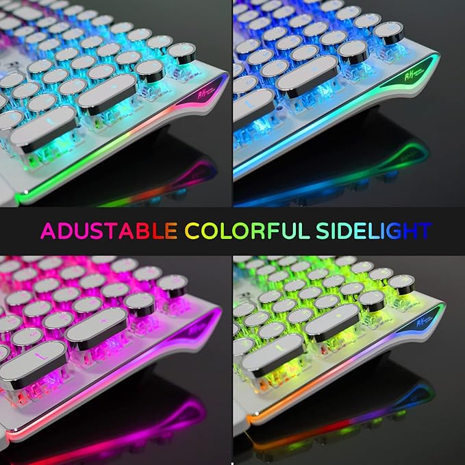 RK ROYAL KLUDGE S108 Typewriter Mechanical Keyboard Full RGB Gaming Keyboard Wired PC Game Keyboards with Detachable Wrist Rest and Number Pad Retro Round Keycaps Brown Switch White