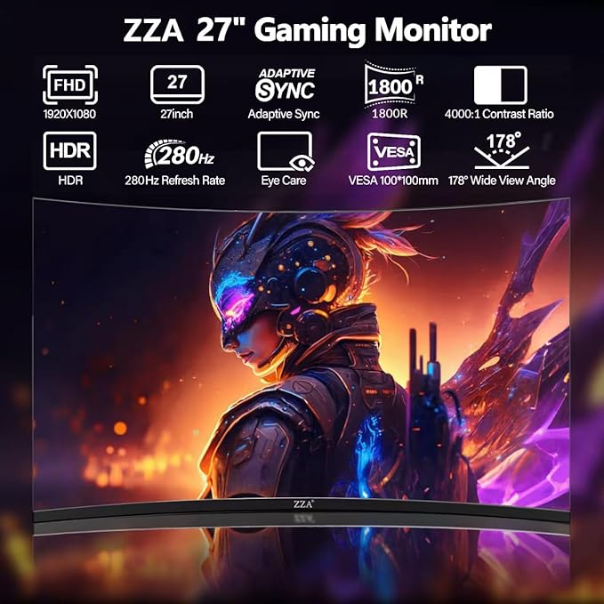 ZZA Monitor 27 inch 280Hz|240HzMonitor Gaming FHD 1080P 1800R VA Screen Curve Computer Monitor 100% sRGB 4000:1 Contrast HDR FreeSync1Ms Low Blue Light HDMI DP Ports DP Cable Incl