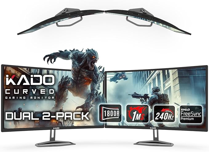 Kado 32 Class Dual Gaming Monitor Setup - 2-Pack 32 Curved 1800R 240Hz 1ms 1920x1080 Computer Monitor Parallel Gaming AMD FreeSync Premium Panoramic VESA Mount HDMI DisplayPort Built-in Speakers