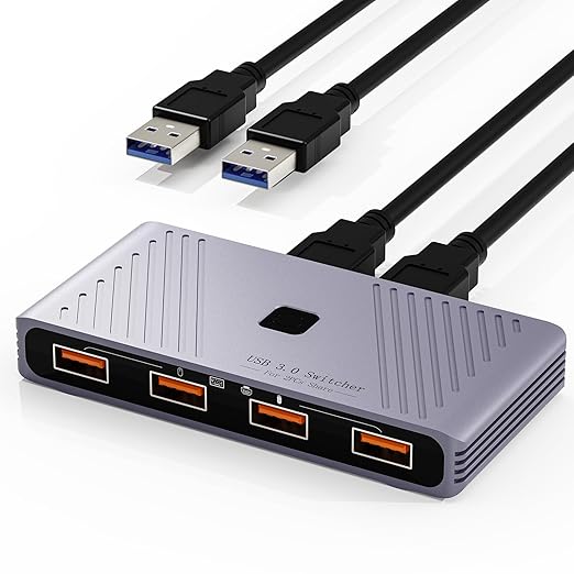 USB 3.0 Switch 2 Computers Sharing 4 USB Devices One-Button Switcher for Keyboard Mouse Printer Scanner USB Peripheral Sharing Hub for PC Laptop with 2 USB 3.0 Cables Aluminum Alloy Case