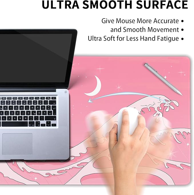 Pink Japanese Anime Gaming Mouse Pad XL Cute Kawaii Aesthetic Wave Extended Big Large Desk Mat Non-Slip Rubber Base Stitched Edge Long Keyboard Mousepad for PC Computer Laptop40x20 in100x50cm