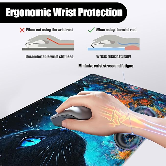 Mouse PadLarge Desk Mat Set 4in1 XL Mousepad + Keyboard Wrist Rest+Mouse Wrist Rest+Coaster with Ergonomic Desk Pad for Home Office Table Computer Cover -Cosmic Black Cat and Moon