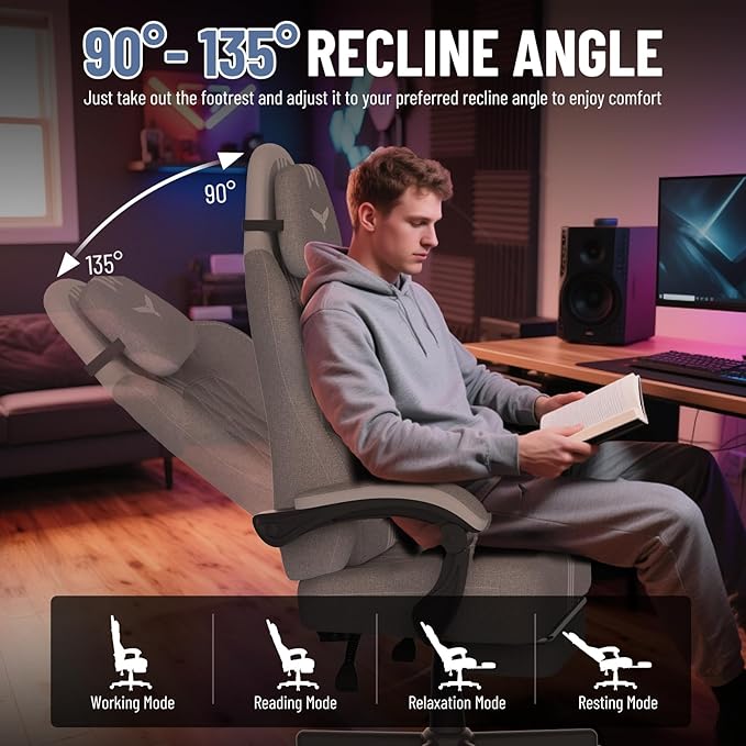 Ferghana Cotton Fabric Gaming Chair with Wider Seat Cushion Diamond Double-Stitching Ergonomic High Back Game Chair with Footrest Computer Chair with Massage Lumbar Support for Adult Gray/White