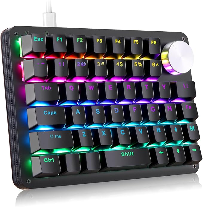 Koolertron One Handed Mechanical Gaming Keyboard 45-Key Fully Programmable Mini Keypad Mini USB Macro Keyboard with Rotating Knob RGB Backlit Red Switches for Windows PC Gamers