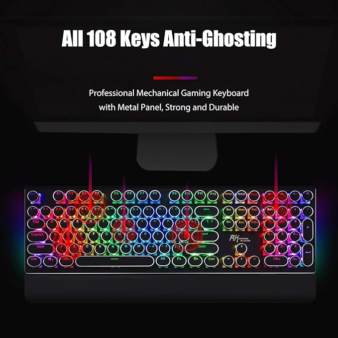 RK ROYAL KLUDGE S108 Typewriter Style Mechanical Gaming Keyboard with RGB Backlit Wired PC Game Keyboard Full Size with Detachable Wrist Rest and Number Pad Retro Round Keycaps Red Switches Black