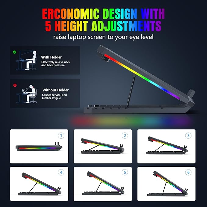 Laptop Cooling Pad with 12 Quiet Fans Slim Portable for 12-17.3 Inch Laptop Cooler Stand RGB Lighting with 5 Height Adjustable Gaming Cooling Fan Pad USB/Type-C &amp Phone Holder (LCD)