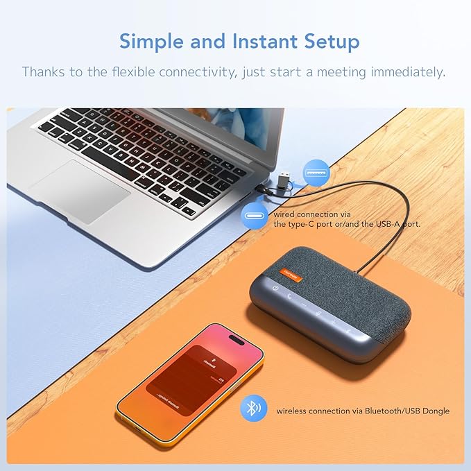 NUROUM A15 Conference Speaker and Microphone Portable&ampScalable Bluetooth Wireless Speakerphone 360° Voice Pickup Daisy Chian for Calls/Computer/PC/Laptop/Desktop via Bluetooth/Dongle/USB-A/C Bl