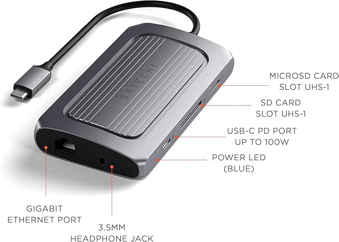 Satechi USB C Hub Multiport Adapter USB 4 with 8K HDMI 100W USB C PD Charging 3X USB-A Ethernet Micro/SD Card Readers Audio Jack for MacBook &amp Windows