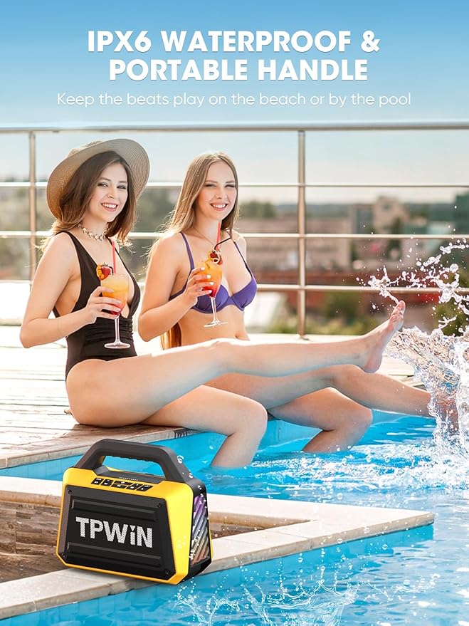 Portable Bluetooth Speakers - Wireless Jobsite Speaker 80W Peak TWS Light Shows Loud Speaker with Deep Bass BT 5.3 IPX6 Waterproof 20H Playtime for Outdoor Beach Camping Garage - Yellow
