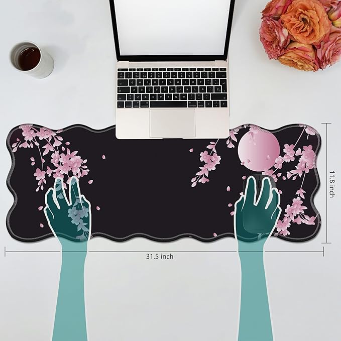 Sakura Cherry Blossom Desk Mat Mouse Pad 31.5 x11.8 XL Extended Mousepad Huge Mouse Pads with Stitched Edges Desk Pad for Work Game Office Home