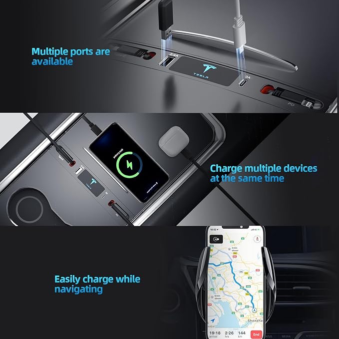 Tesla USB Hub for 2021 2022 2023 Tesla Model 3 Model Y Multi-Port Retractable Hub Docking Station with Fast Charging Cable Tesla Accessories Docking Station of Center Console for Model Y/3