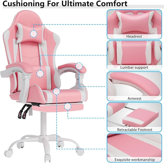 Gaming Chair with Headrest and Lumbar Support Ergonomic High Back Office Chair Racing Style Executive Computer Desk Chair Leather Adjustable Swivel Task Chair for Home Office (Pink White)