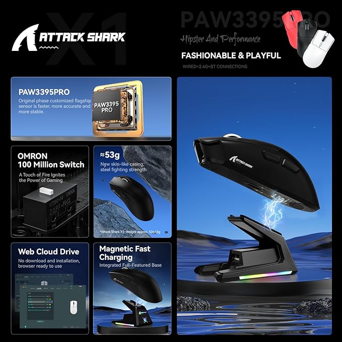 ATTACK SHARK X1 Superlight Wireless Gaming Mouse with RGB Magnetic Charging Dock BT/2.4G Wireless/Wired Gaming Mouse PAW3395PRO Gaming Sensor 40000DPI 53g Office Mice for PC/Mac/Win/Xbox (Black)