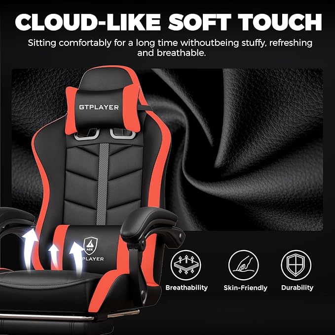 GTPLAYER Gaming Chair Ergonomic Game Computer Chairs with Foot Rest for Adults Adjustable PC Game Chair with Reclining Function and Comfortable Headrest for Home and Office Use (RED)