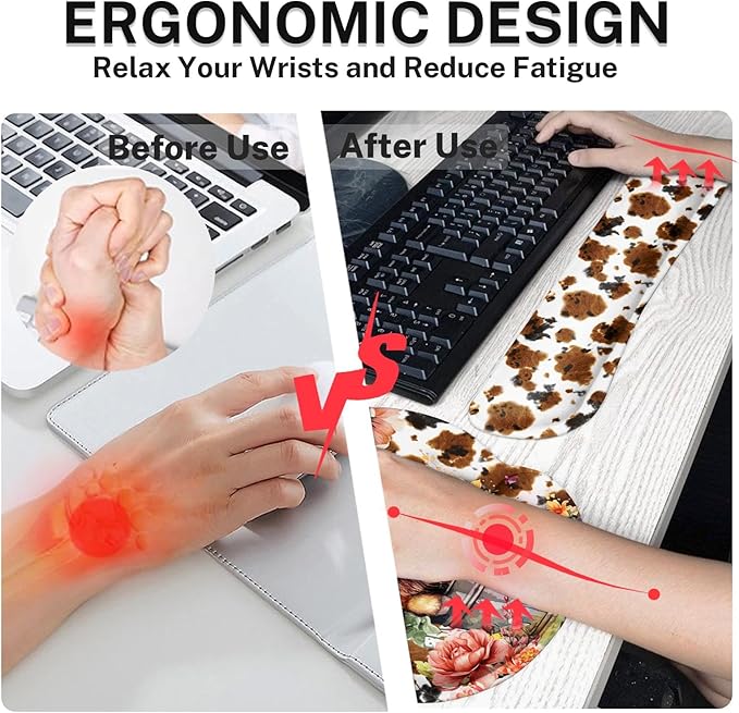 Arttown Highland Cow Flower Desk Mat Leaves Cartoon Print Mouse Pad Set 4 in 1 Ergonomic Design Large Mousepad + Keyboard Wrist Rest + Mouse Wrist Rest + Coaster Suitable for Home Office Study Game