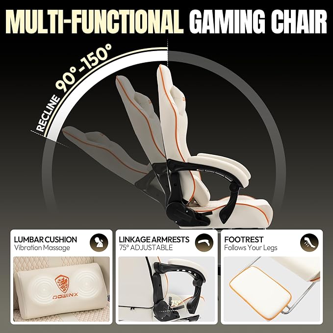 Dowinx Gaming Chair Big and Tall 350LBS Heavy Duty PC Gaming Chair with Massage &amp Footrest Ergonomic Reclining Gamer Chair with Embroidered Esports Design White