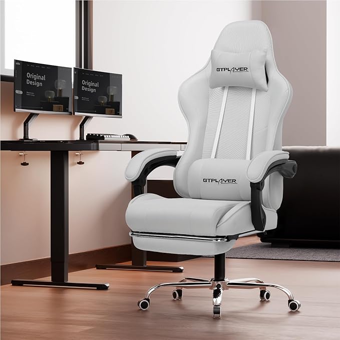 GTPLAYER Gaming Chair with Footrest Computer Chair with and Lumbar Support Height Adjustable Game Chair with 360°-Swivel Seat and Headrest and for Office or Gaming (All Light Gray-Fabric)