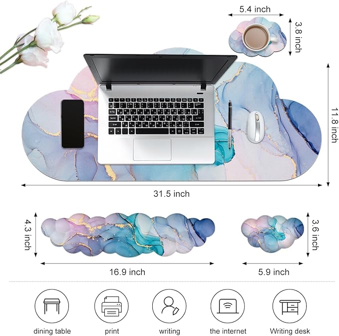 JIKIOU Large Cloud Mouse Pad Waterproof with Cloud Keyboard Wrist Pad and Cloud Mouse Wrist Pad Set Ergonomic Computer Desk Wrist Support Mousepad for Keyboard and Mouse 35.4x15.7in Marble Blue