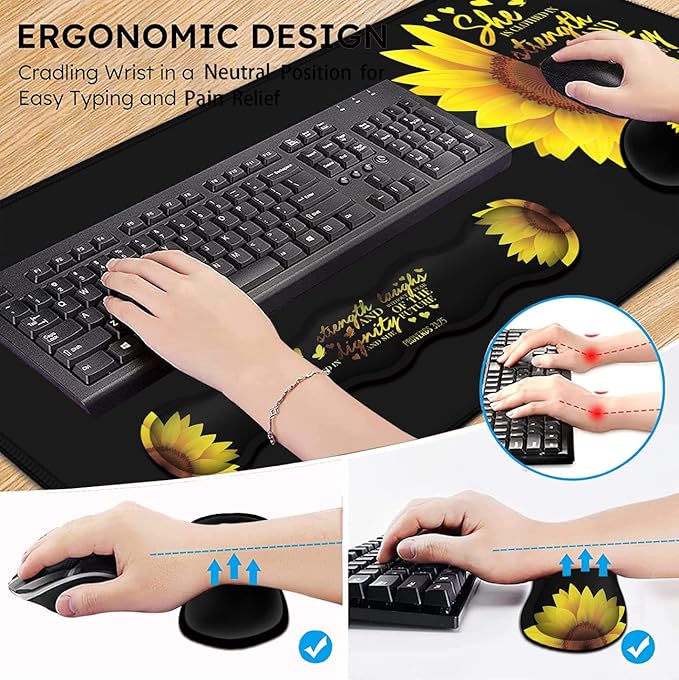 Gaming Black Mouse Pad + Keyboard Wrist Rest XL Large Mouse Mat Sunflower Christian Verse Proverbs 31-25 Extended Desk Pad Non-Slip Rubber Mice Pads Stitched Edges Pad (31.5x11.8 in)