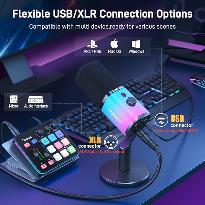 MAONO USB/XLR Podcasting Microphone for PC Gaming Streaming Dynamic Mic with Mute Button Software-RGB Desktop StandComputer Mic for Video Studio Recording-PD100XRGB