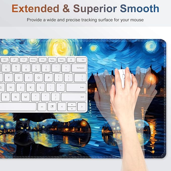 Desk Mat Gaming Mouse Pad Cute Desk Matt Keyboard Wrist Rest for Desktop Anti-Slip Mousepad Stitched Edges XXL Large Mouse Pad with Wrist Support for Home Office I Van Gogh Starry Night Cat