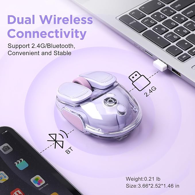 Q9 Chargeable Portable Silent 2.4GHz/Bluetooth Dual Mode Wireless Mouse 4 Adjustable DPI4800 DPI Optical Tracking Mouse with RGB Lighting Compatible Win/Mac/Android/iOS(Purple)