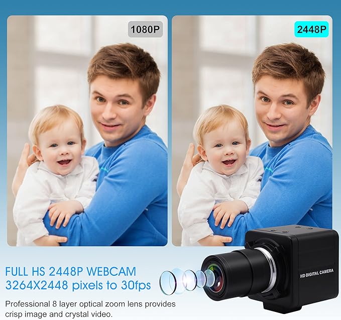 8MP USB Camera with Zoom 2.8-12mm Lens Webcam Variable Focus PC Camera Mini UVC USB2.0 USB with Camera for Computer IMX179 Manual Zoom Close-up Camera Varifocal Web Camera for Raspberry Pi Laptop