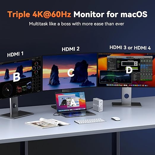 TobenONE DisplayLink Docking Station 4 Monitor with 4 HDMI 18-in-1 Quad/Triple 4K@60Hz Display Dock with 120W Power Supply for Thunderbolt 5/4/3 USB4 USB-C Windows MacBook(8 USB Ethernet etc)