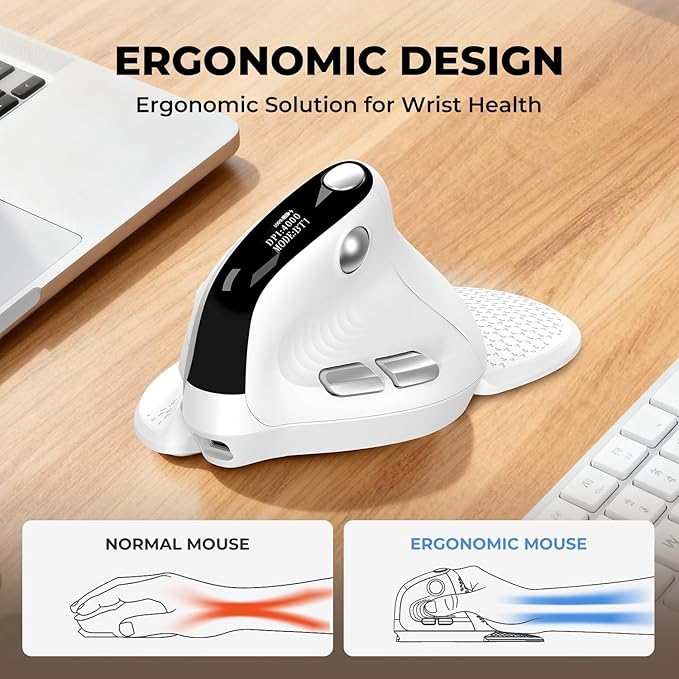 DELUX Seeker Ergonomic Mouse Wireless Vertical Mouse with OLED Screen 6 Buttons&ampThumb Wheel Function Silent Click Up to 7200DPI Programmable Rechargeable BT/2.4G/Wired RGB Light(M618XSD-Wh