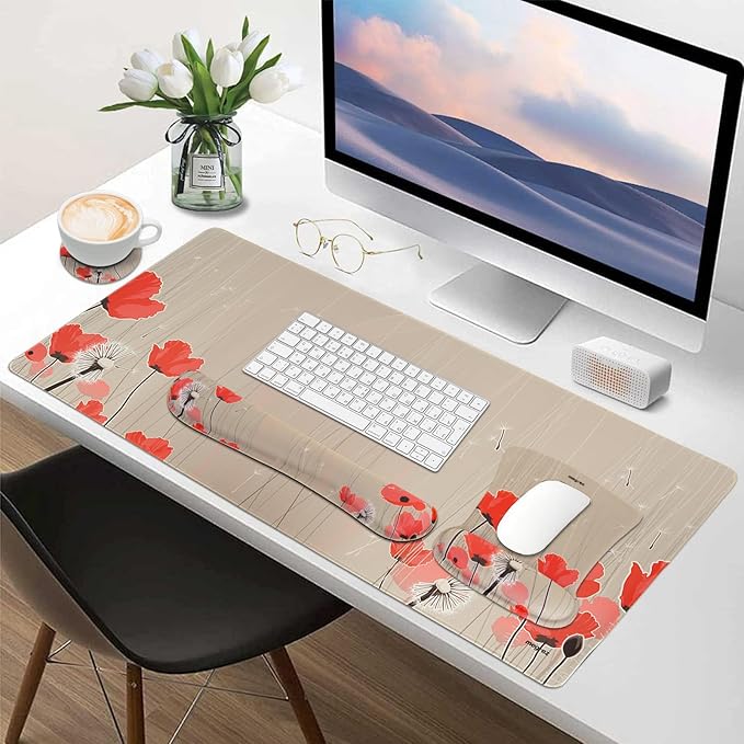 MEGREZ 4-in-1 Ergonomic Memory Foam Wrist Rest Set Desk Pad Mouse Pad with Wrist Rest Keyboard Pad Suitable for Office Workers Programmers &amp Gamers–Relieve Typing &amp Gaming Fatigue Light