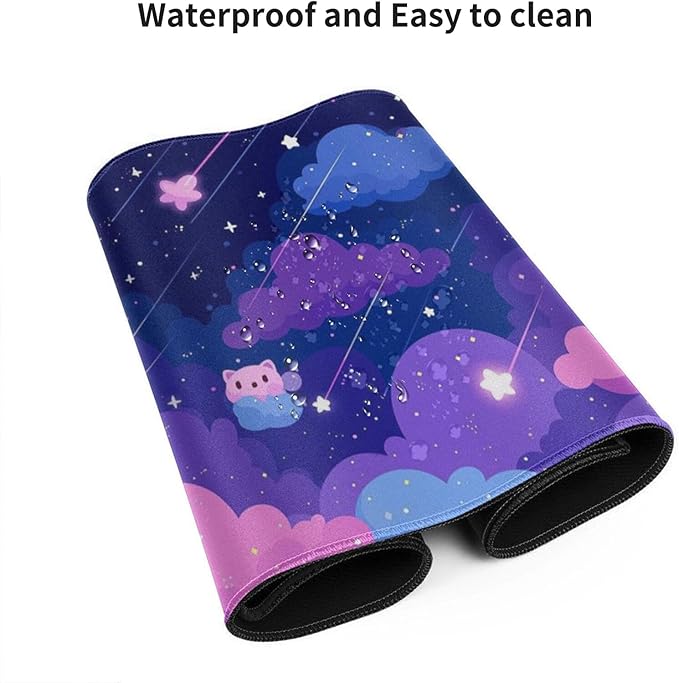 Extra Large Mouse Pad 48x24 Inch Cute Cartoon Cat Starry Sky Desk Mat with Non-Slip Base Purple Mousepad for Gaming Office Soft Keyboard Mat for Full Desk Coverage