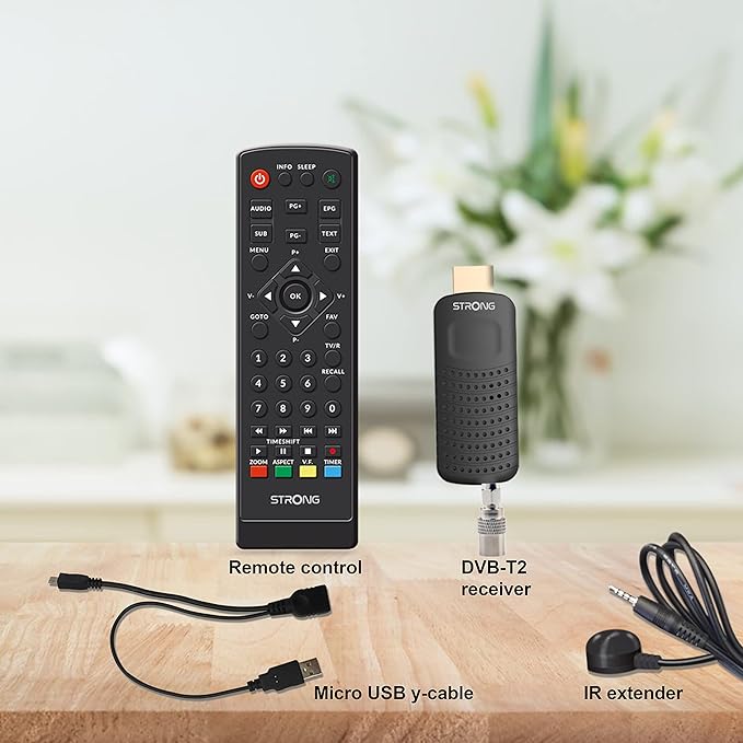 STRONG SRT82 Full HD DVB-T2 HDMI Stick DVB-T2 Decoder - HEVC265 Compatible - TV Receiver/Tuner with Recorder Function (HDMI SCART USB Dolby Digital Plus) - Black