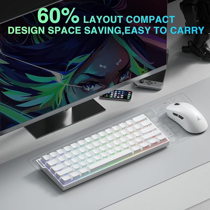 Aula MINI60 HE PRO - 60% Mechanical Gaming Keyboard Wireless Hall Effect Magnetic Switch Hot Swappable Rapid Trigger Mode 8000 Hz Polling Rate 60 Percent Compact Design (White)