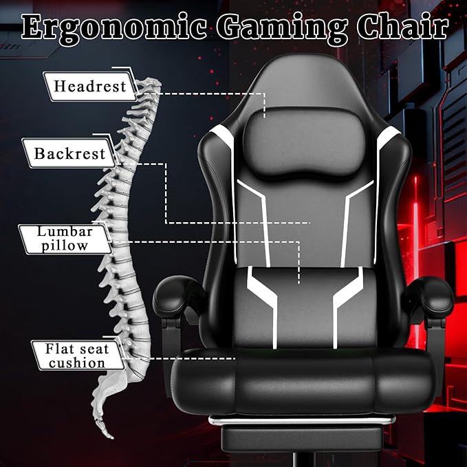 Ergonomic Gaming Chair Video Game Chair with Pocket Spring Cushion and Footrest Height Adjustable Computer Chair with Swivel Seat and Headrest (White)