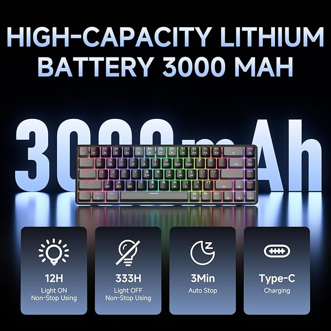 DIERYA DK68 60% Wireless Mechanical Gaming Keyboard 3 Modes Bluetooth/2.4GHz/USB-C with Red Linear Switch RGB Backlit Anti-Ghosting 68-Key Compact mini keyboard for Windows/macOS/Linux- Grey/Black