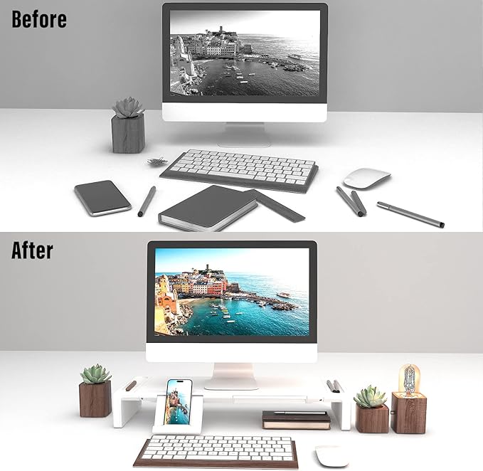OImaster Monitor Stand Riser Foldable Computer Monitor Riser Adjustable Length Computer Stand and Storage Drawer &amp Pen Slot Phone Stand Compatible Computer Desktop Laptop Save Space (White)