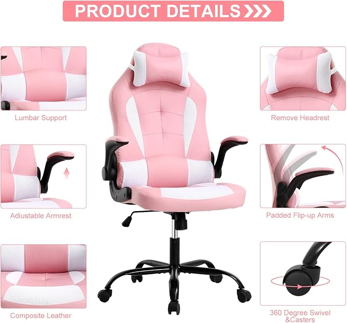 Meet perfect Pink Gaming Chair for Adults Ergonomic Computer Chair w/Flip Up Armrest and Lumbar Support Adjustable Office Gamer Chair with 360° Swivel Seat and Headrest 250lb Capacity