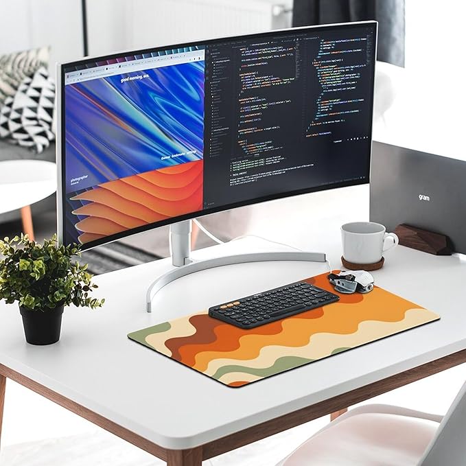 Brown Beige White Wave Mouse Pad Large Desk Mat Extended Keyboard Mouse Pad with Non-Slip Base and Stitched Edge Mouse Mat Desk Pad 30x16 Mouse Pads for Desk Home Office Gaming